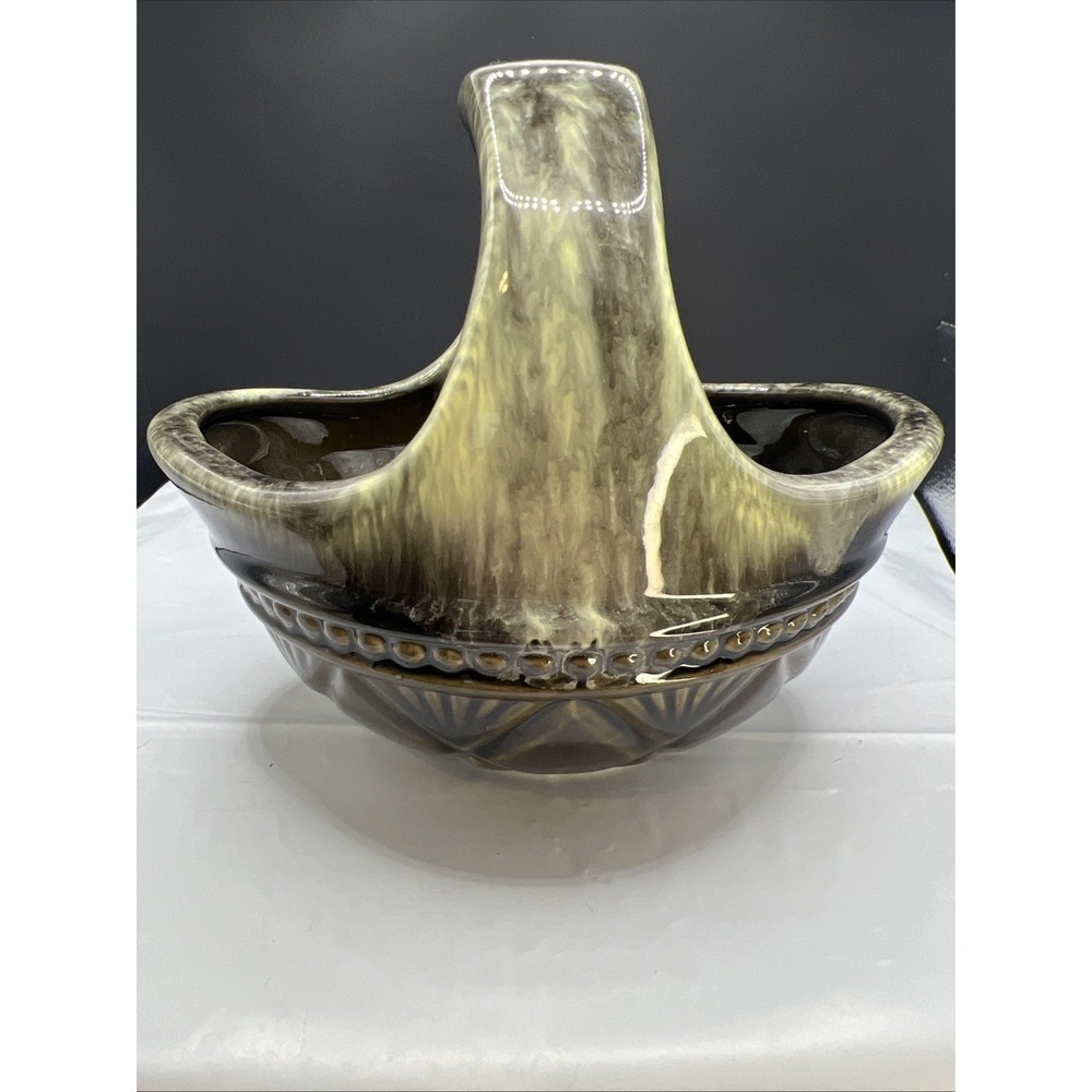 Vintage Hull USA Pottery F24 Green Drip Glaze Basket Planter Mid Century MCM